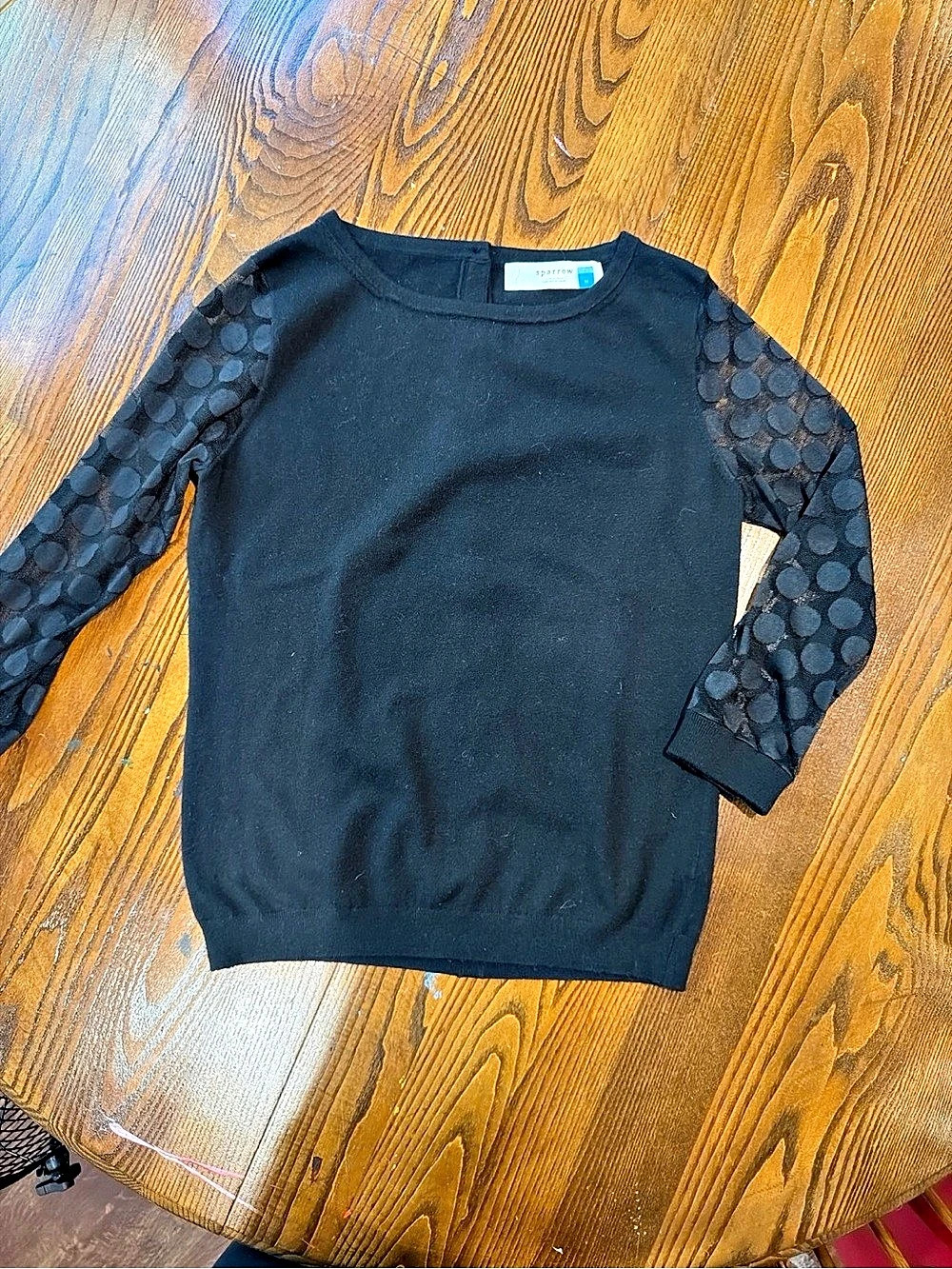 Sparrow Anthropologie Black Cotton Blend Sheer Polka Dot Sleeve Button-Back